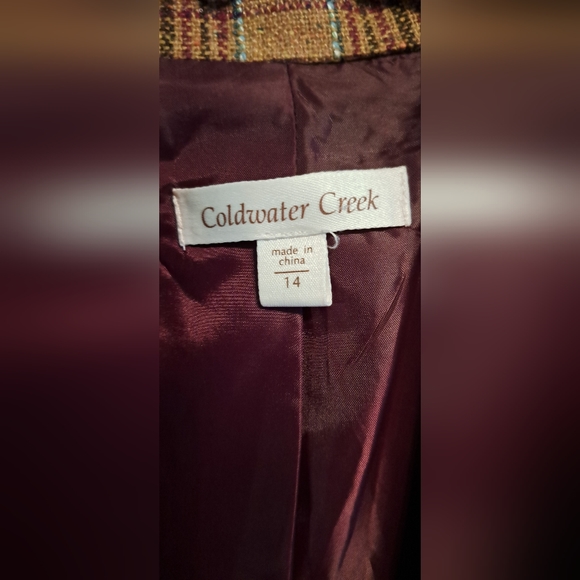 Ladies Coldwater Creek 14 Browns Neutral Plaid Woven Long Sleeve Blazer Fringed - Picture 6 of 8
